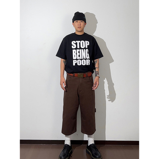 GWHEN 夏季新品宽松滑板棕色工装七分裤 男