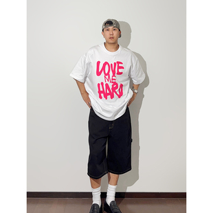 GWHEN 粉色印花宽松OVERSIZE白色T恤短袖 男女