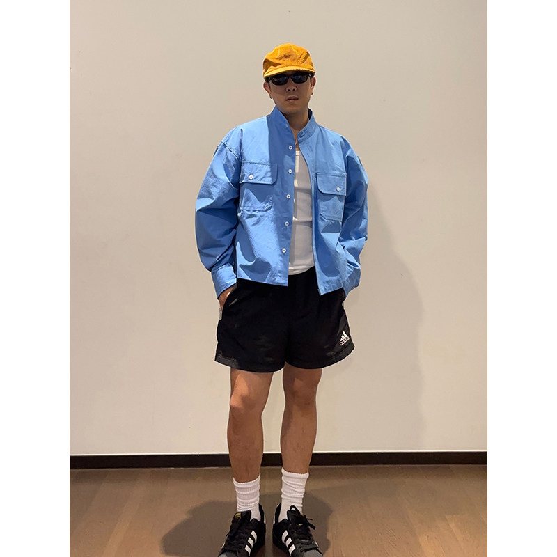 GWHEN 春夏简约纯色宽松短款立领亮蓝色长袖衬衫 男女