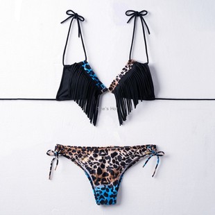 分体泳装 女神流苏豹纹比基尼深V领性感时尚 女 黑2025新款 复古大码