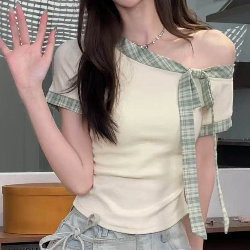 甜美风拼接条纹绑带蝴蝶结设计感短袖t恤女夏季气质显瘦上衣
