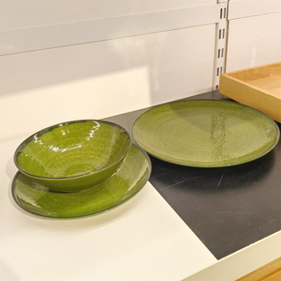 宜家佩拉卡图碗盘子碟子绿色光泽瓷平盘罗马尼亚产波纹国内代购