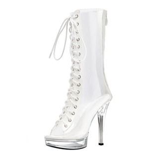 17cm超高跟鞋细跟18公分防水台厚底中筒靴前系带透明模特走秀大码