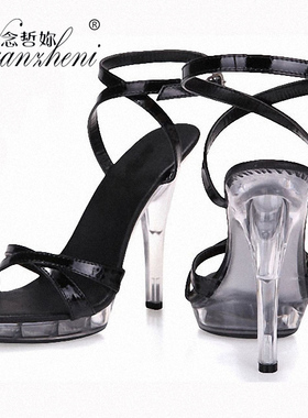 12cm细跟超高跟鞋13公分水晶鞋黑色漆皮罗马脚腕带性感凉鞋CD女鞋