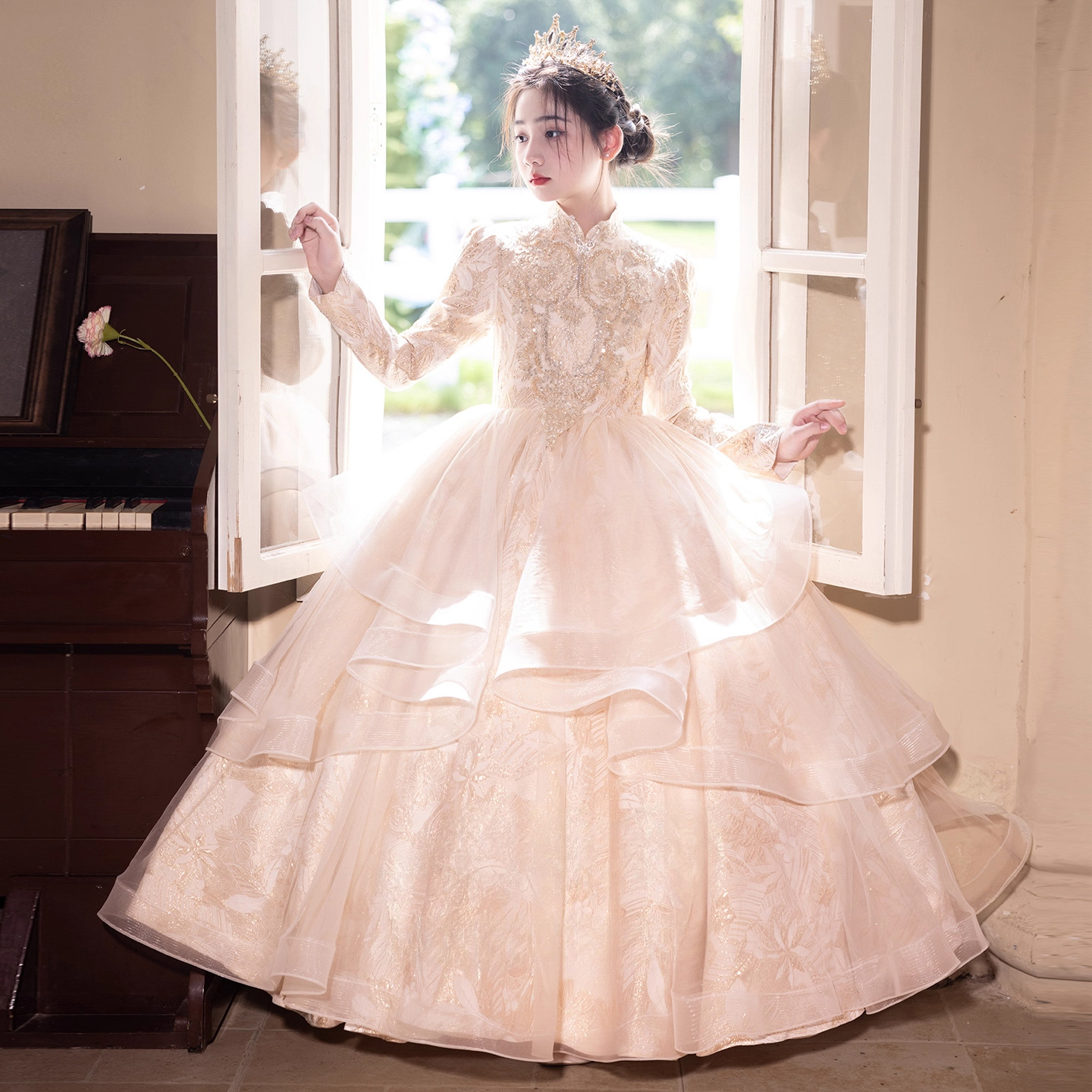 中大童胖妹妹MM礼服女童连衣裙冬季公主裙花童生日舞蹈模特演出服