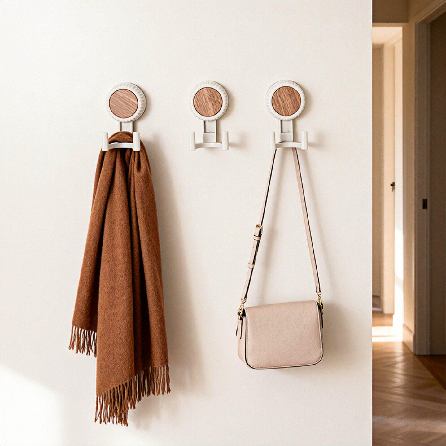 毛豆角木纹吸盘式挂钩免打孔强力承重双头围巾披肩浴室卫生间厨房