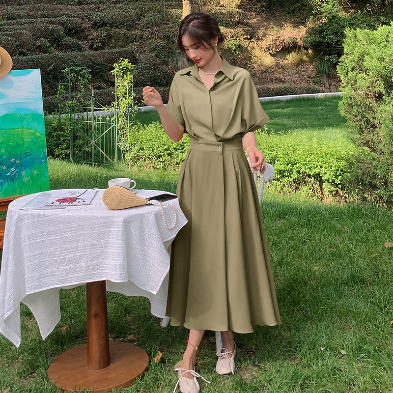 法式橙色衬衫连衣裙女夏2025新款御姐风高级感气质赫本风收腰长裙,女装连衣裙,柒柒家
