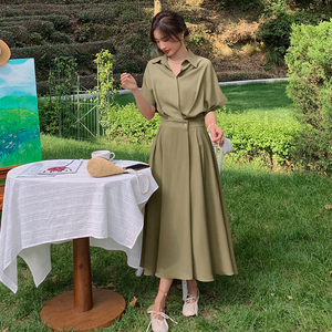 法式橙色衬衫连衣裙女夏2025新款御姐风高级感气质赫本风收腰长裙图片