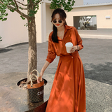 法式红色长袖衬衫连衣裙女春秋2025新款收腰显瘦气质高级感长裙子，女装连衣裙，柒柒家