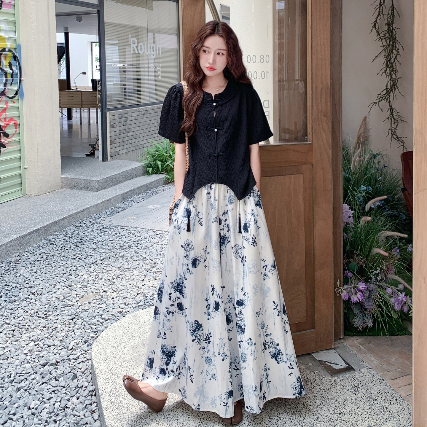 新中式国风盘扣衬衫水墨画裙裤套装女2025夏季新款复古垂感两件套,女装套装/套裙,柒柒家