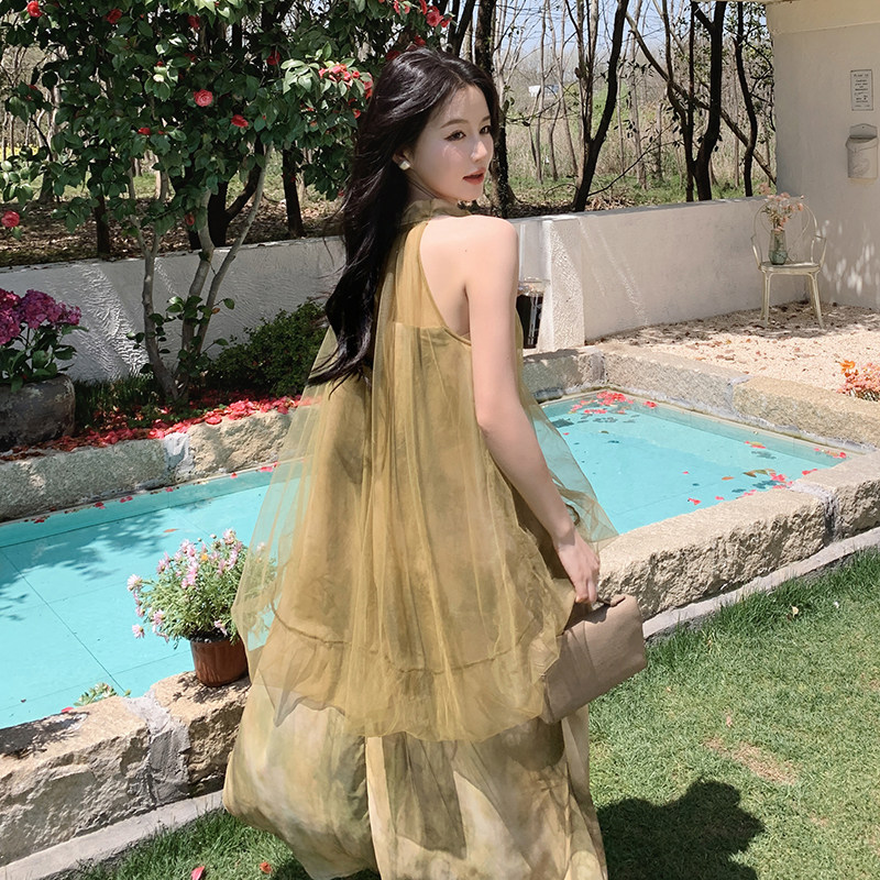 现货黄色假2件网纱连衣裙2C525-Q284-P125-K178，女装连衣裙，柒柒家