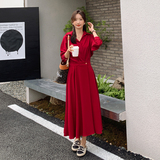 法式红色长袖衬衫连衣裙女春秋2025新款收腰显瘦气质高级感长裙子，女装连衣裙，柒柒家