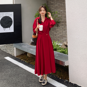 法式红色长袖衬衫连衣裙女春秋2025新款收腰显瘦气质高级感长裙子图片