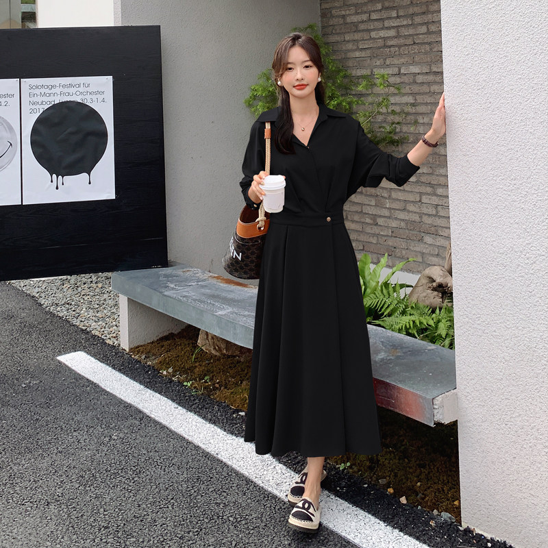 法式红色长袖衬衫连衣裙女春秋2025新款收腰显瘦气质高级感长裙子,女装连衣裙,柒柒家