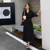 法式红色长袖衬衫连衣裙女春秋2025新款收腰显瘦气质高级感长裙子，女装连衣裙，柒柒家