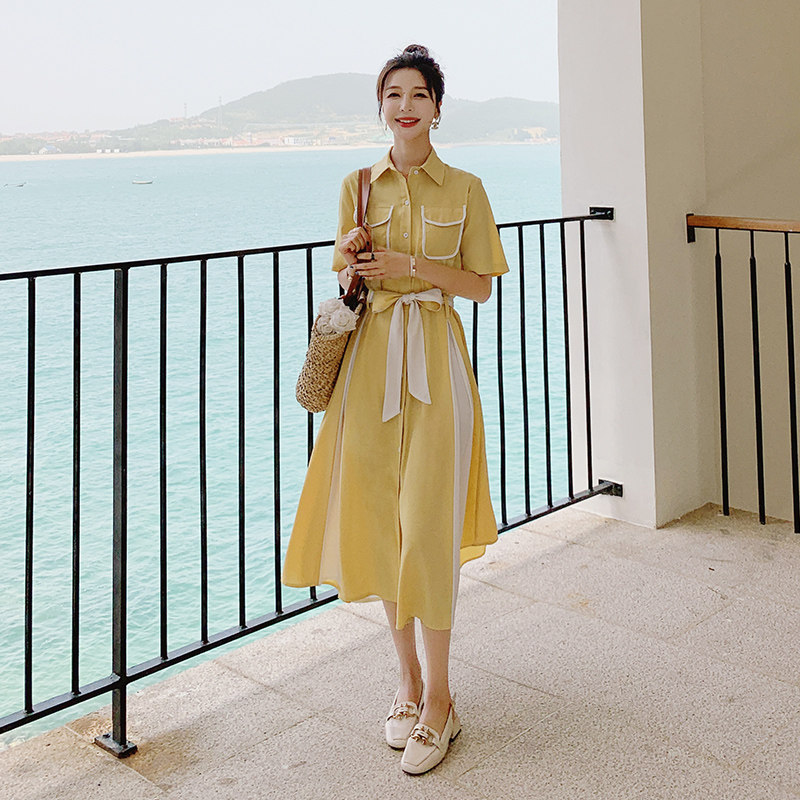 大货已出黄色法式长款连衣裙087-Q118-P115-K168,女装连衣裙,柒柒家