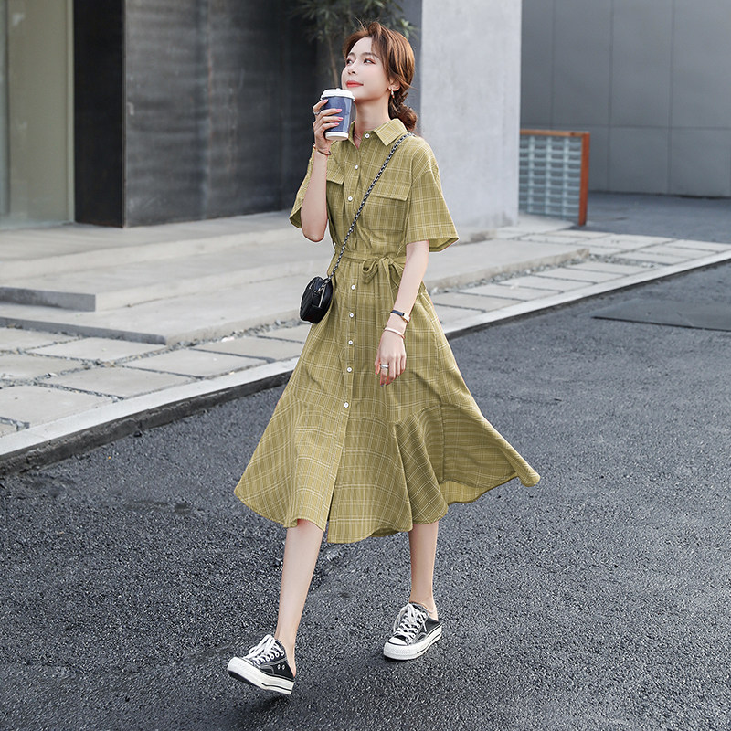 继续大货已出格子鱼尾连衣裙法式长裙087-Q80-P105-K158，女装连衣裙，柒柒家