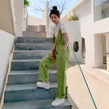绿色休闲背带裤女夏季薄款韩版宽松2025新款高腰显瘦连体裤潮，女装休闲裤，柒柒家