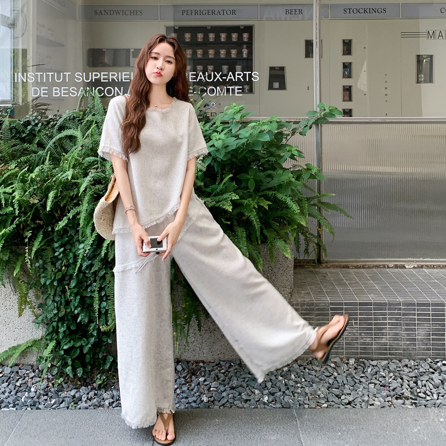 时尚套装高腰休闲复古夏装垂感时尚短袖外穿显瘦宽松气质白色夏季,女装套装/套裙,柒柒家