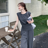 灰色捏褶圆领上衣一整套ootd穿搭女2025新款夏装直筒阔腿裤两件套，女装套装/套裙，柒柒家