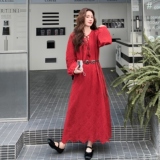 新款现货数据已爆红色长袖蕾丝连衣裙送腰带275-Q677-P155-K218，女装连衣裙，柒柒家