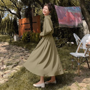 法式红色长袖衬衫连衣裙女春秋2025新款收腰显瘦气质高级感长裙子图片