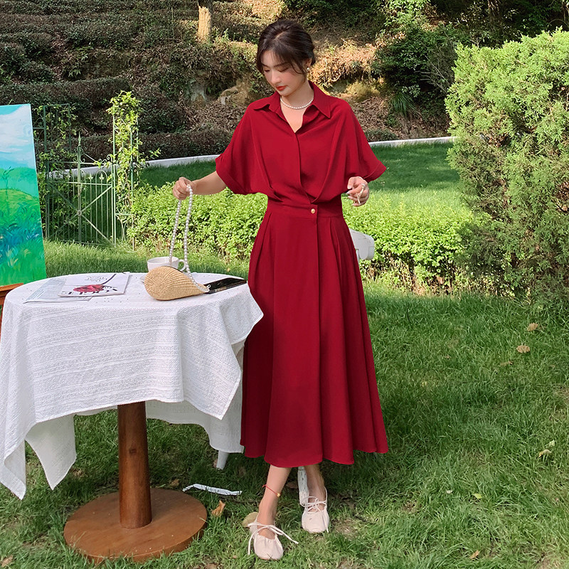 法式橙色衬衫连衣裙女夏2025新款御姐风高级感气质赫本风收腰长裙,女装连衣裙,柒柒家