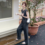 灰色捏褶圆领上衣一整套ootd穿搭女2025新款夏装直筒阔腿裤两件套，女装套装/套裙，柒柒家