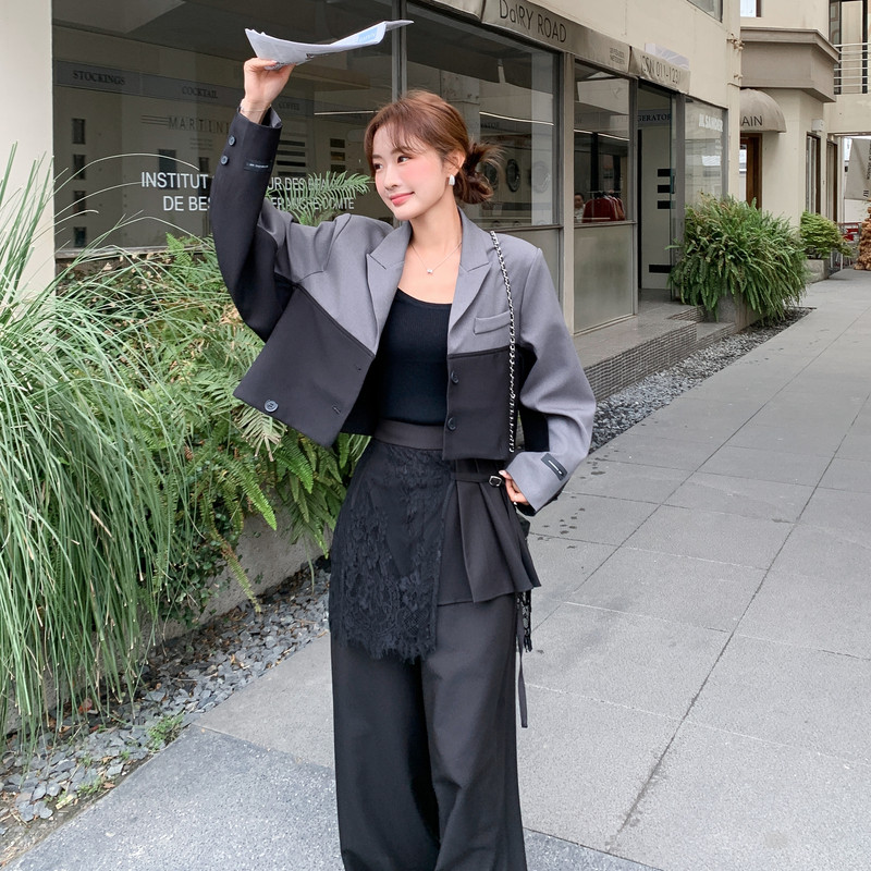 新款图大货上衣两穿个性西装套装两件套275-W813-P255-K398，女装套装/套裙，柒柒家