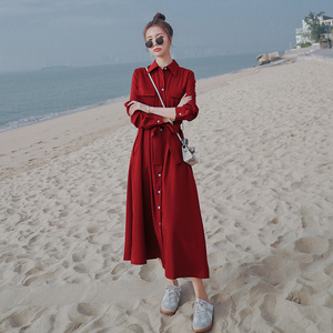 红色连衣裙女2022年早春新款法式初恋桔梗复古茶歇气质女神范裙子,女装连衣裙,柒柒家