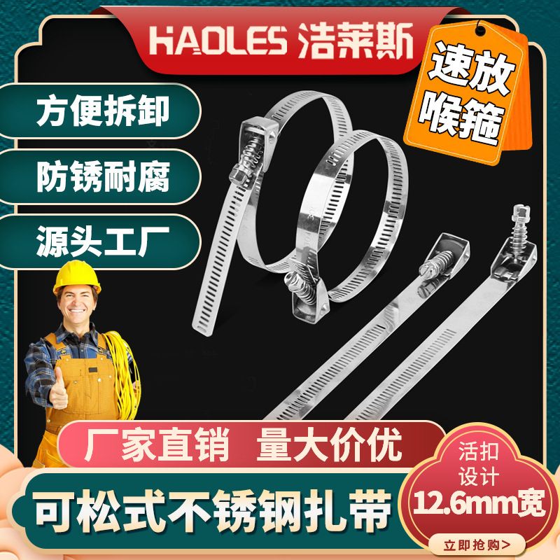 跨境304不锈钢喉箍快速式卡扣喉箍扳倒式通信电缆锁紧活扣速放喉