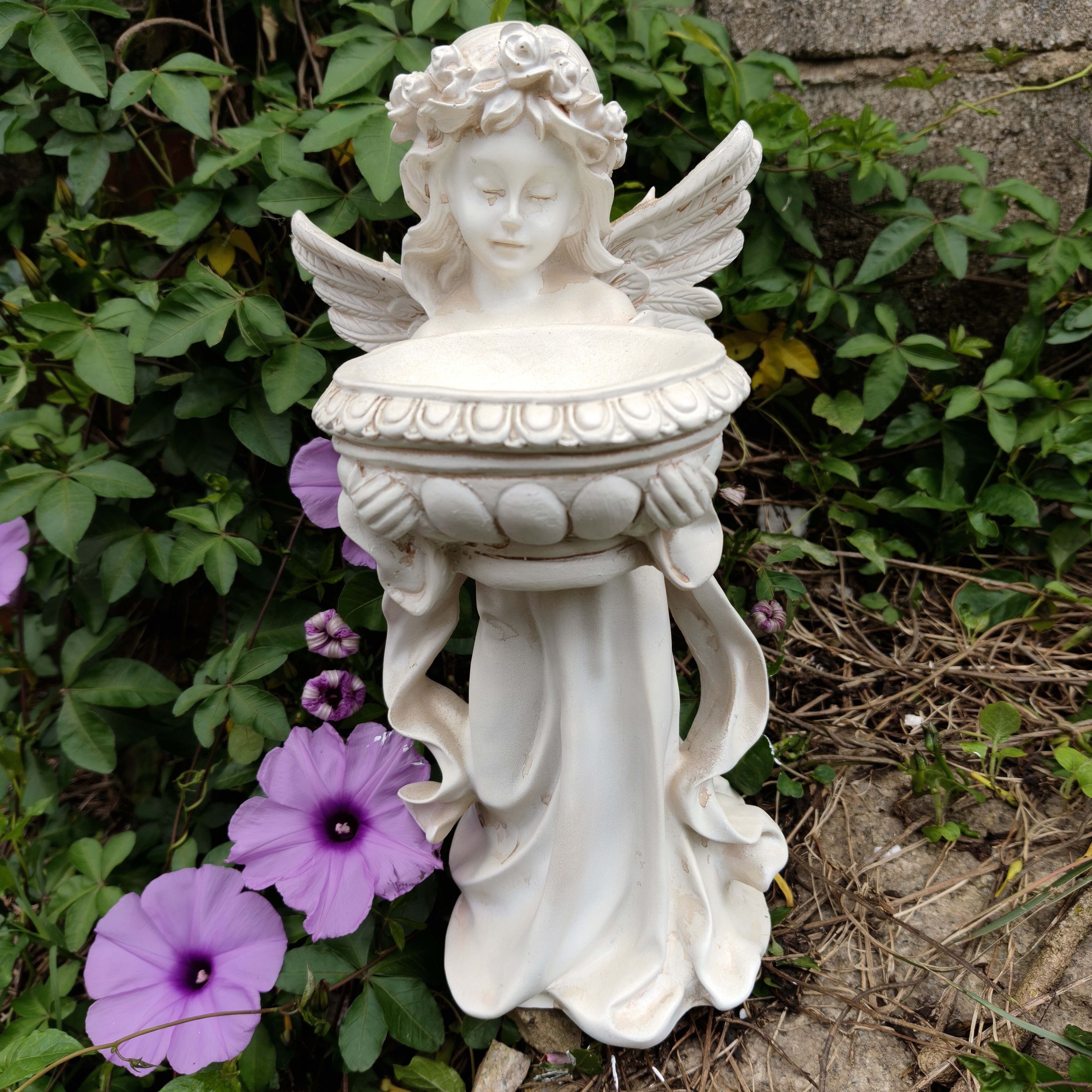 欧式爱丽丝天使花盆摆件复古托盘户外园艺庭院树脂雕塑装饰喂鸟器