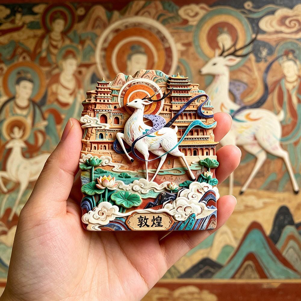 文创敦煌莫高窟壁画九色神鹿冰箱贴立体树脂城市旅游纪念品磁吸贴