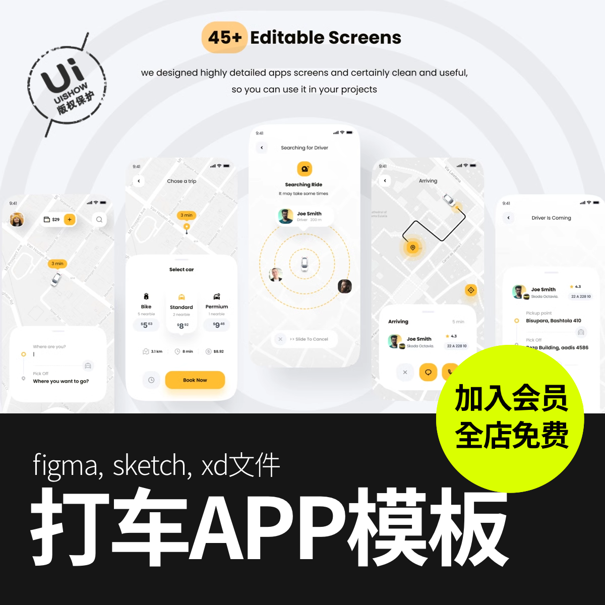 出租车网约车预订App应用程序figma/sketch/xd界面模板设计UI素材