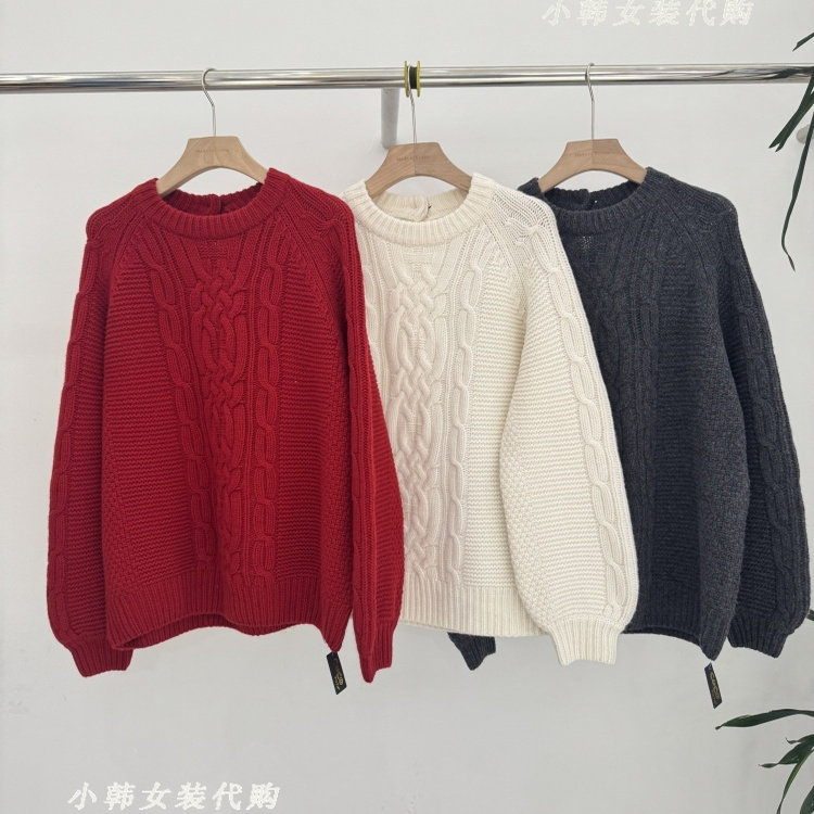 韩国进口女装代购2025冬款百搭净色复古麻花宽松羊毛针织衫毛衣