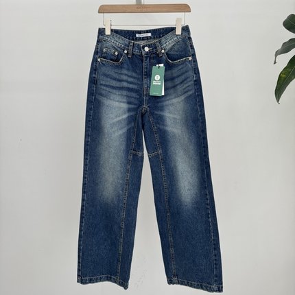 韩国进口TEMPTING女装代购2025秋款压线墨白直筒宽松简约牛仔裤