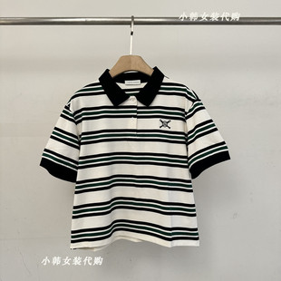 短袖 欧洲站韩国进口女装 条纹半扣POLO衫 代购 T恤Bu0089 2025春季