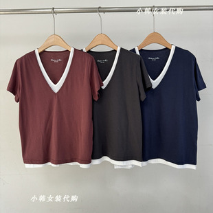 假两件V领短袖 欧洲站韩国进口女装 新款 代购 棉质T恤Bu0173 2025夏季