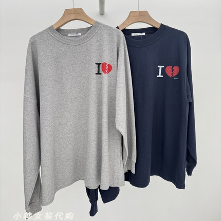 韩国进口TEMPTING女装代购2025秋时尚宽松大版长袖棉质不规则T恤