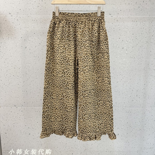 韩国Tempting女装进口代购2025秋季时尚松紧腰花边直筒豹纹休闲裤