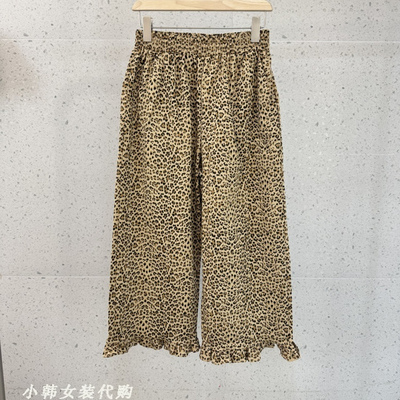 韩国Tempting女装进口代购2025秋季时尚松紧腰花边直筒豹纹休闲裤