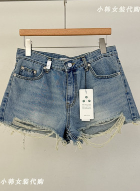 韩国进口Tempting女装代购2025夏季时尚百搭破洞做旧超短牛仔裤