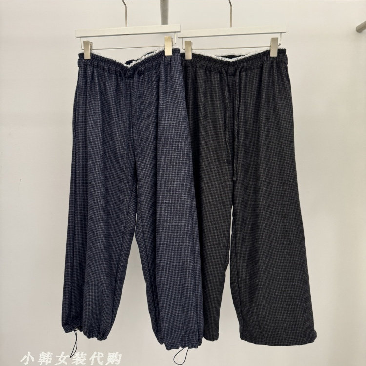 韩国SPECIAL女装代购进口2025冬季新款松紧腰抽绳直筒格子休闲裤