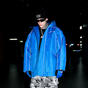 PMW 蓝色户外滑雪服防水防风派克大衣保暖外套登山棉服 汪苏泷同款