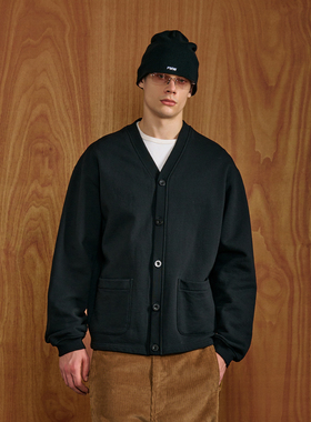 PMW简约纯棉V领开衫男立体口袋logo设计宽松通勤休闲百搭卫衣外套