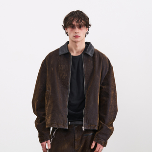 PMW 做旧水洗植绒牛仔夹克男撞色拼皮领设计复古宽松廓形工装外套