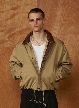 PMW 牛皮革拼接棉服夹克翻领口袋拉链设计宽松通勤休闲百搭秋外套