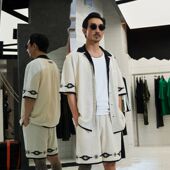 简约高级夏套装 PMW 开衫 休闲短裤 李灿森联名 翻领拼接棉麻短袖