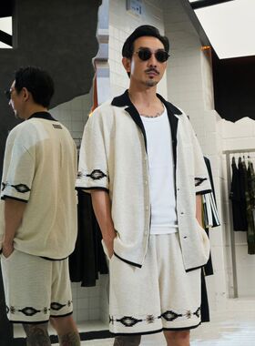 PMW 【李灿森联名】翻领拼接棉麻短袖开衫休闲短裤简约高级夏套装