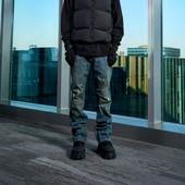 PMW 男宽松阔腿休闲直筒百搭长裤 美式 复古高街做旧蓝色牛仔裤